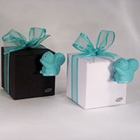 Cube carton blanc/brun et Aimant écureuil turquoise