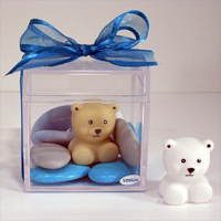 Cube transparent (bleu) 6 cm et aimant ours beige/blanc