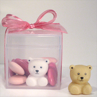 Cube transparent (rose) 6 cm et aimant ours beige/blanc